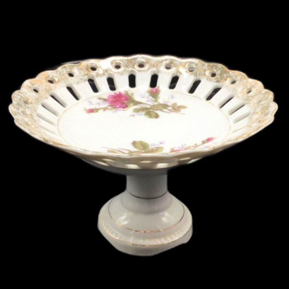 Vintage Open Lace Pedestal Bon Bon Candy Dish Applied Rose Gold Trim